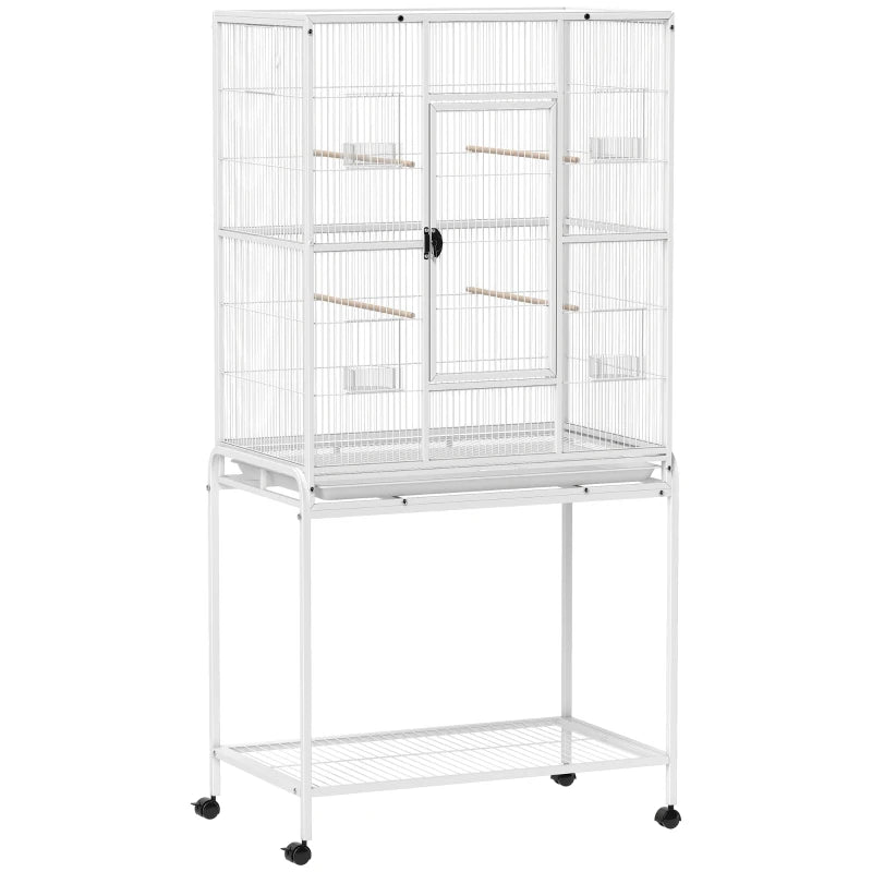 White large bird cage with multiple doors, wooden perches, and base stand
