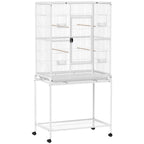 White large bird cage with multiple doors, wooden perches, and base stand