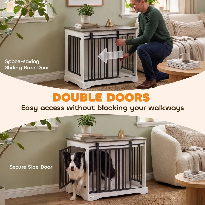 White dog crate furniture with black bars and side barn door, open for easy access