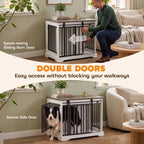 White dog crate furniture with black bars and side barn door, open for easy access