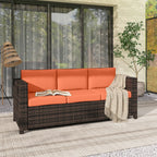 Orange 3-seat outdoor sofa with dark woven rattan frame and backrest cushions