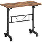 Adjustable sofa side table with rustic brown top, black frame, and caster wheels