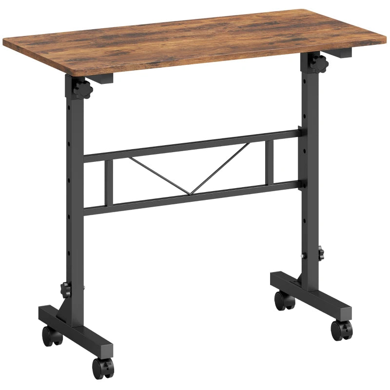 Adjustable sofa side table with rustic brown top, black frame, and caster wheels