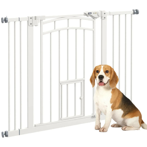 White pressure-fit dog gate with small cat door, standing for pet safety at stair openings