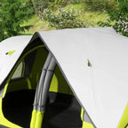 Yellow and gray tent with side entry opening and internal support poles
