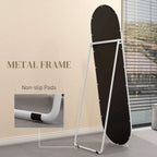 White arched full-length mirror with stand and dark reflective glass
