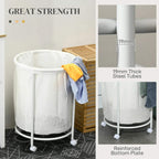 White wheeled laundry bin with reinforced bottom ring and thick steel support tubes