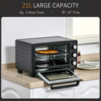 Black countertop oven with open door and baking tray, showing pizza inside