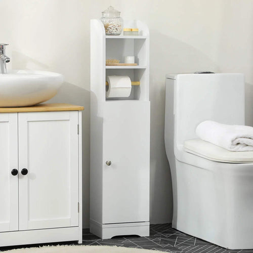 White tall bathroom cabinet with open shelves and a single lower cabinet door