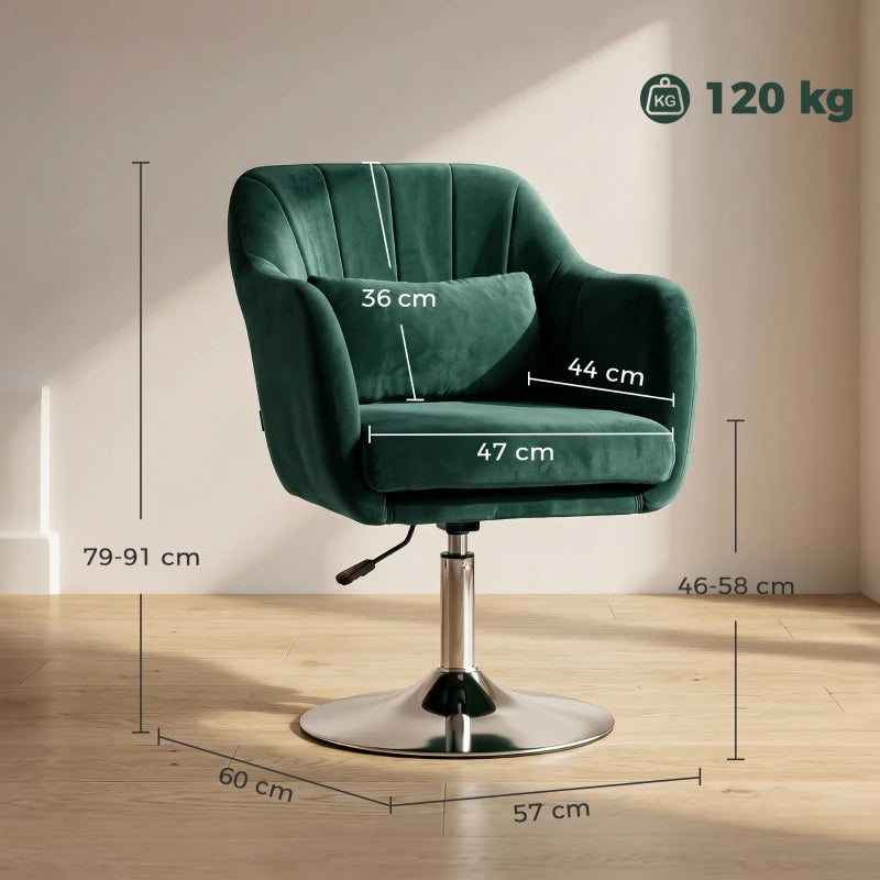 Dark green velvet tub chair on chrome swivel base, cushioned arms and back