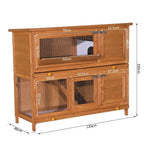 Natural wood two-tier guinea pig hutch with wire mesh windows and dual front door openings.
