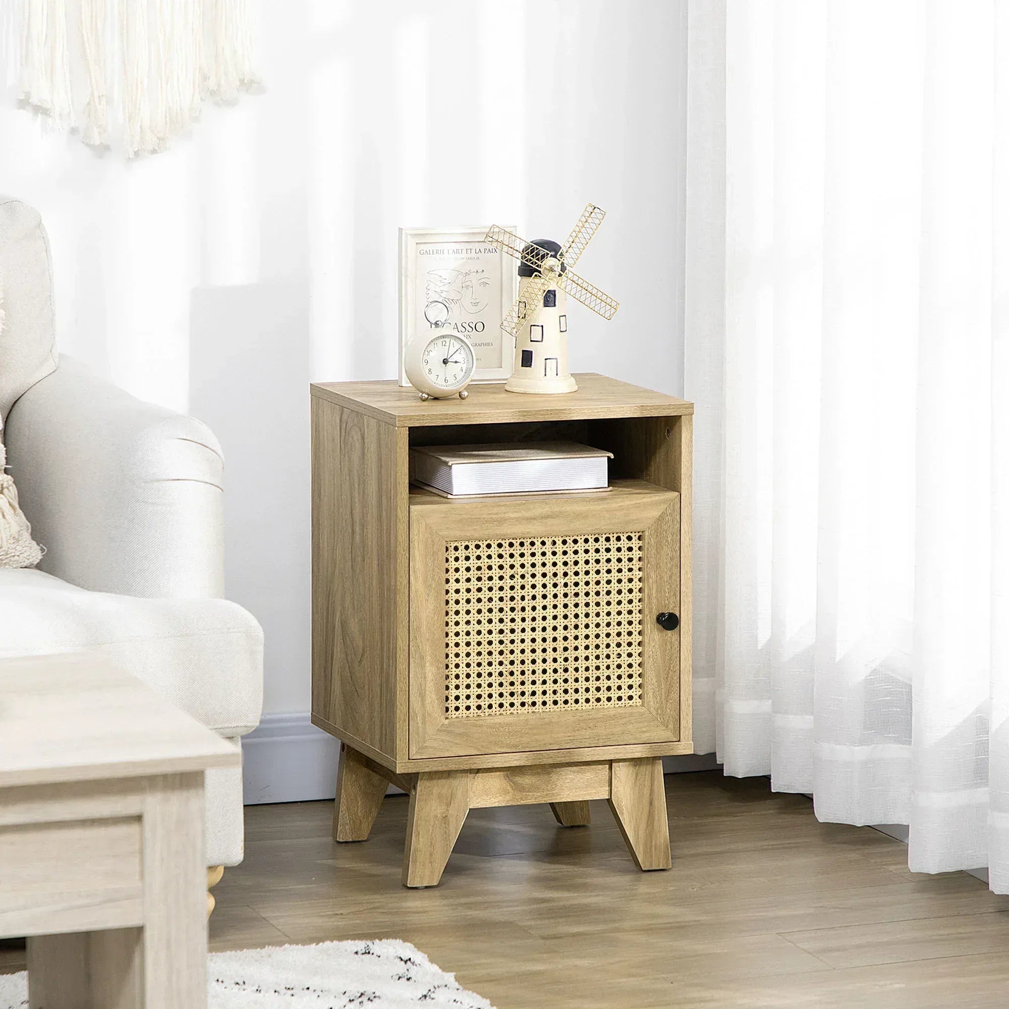 Narrow Rattan Nightstand, Side End Table with Shelf and Cupboard, 39cm x 35cm x 60cm, Natural - Bobobiy