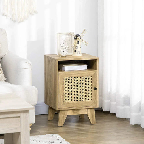 Natural wood narrow nightstand with open shelf, rattan-pattern door, and black knob