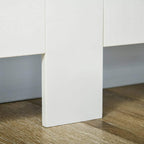 White radiator cover cabinet side panel with straight base on wood floor.