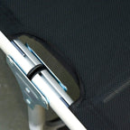 Close-up of black mesh sling and side strap with silver support rails