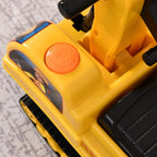 Yellow ride-on excavator toy seat with round orange button and molded console