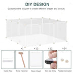 White plastic pet playpen fence panels with included cable ties, connector and non-slip mats