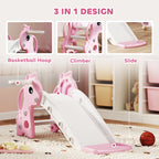 Pink 3-in-1 kids slide with giraffe climber, basketball hoop and ball