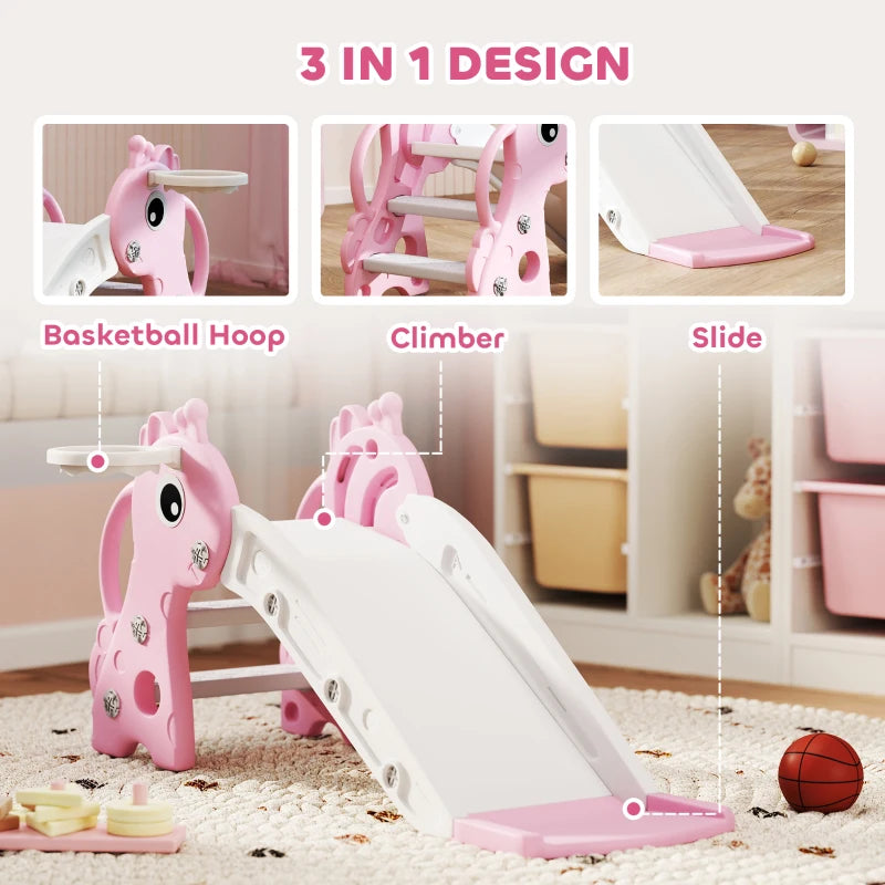 Pink 3-in-1 kids slide with giraffe climber, basketball hoop and ball