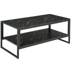 Black two-tier coffee table with faux marble top and lower shelf, metal frame