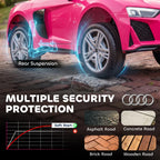 Pink ride-on car rear wheel area with suspension detail and soft-start feature