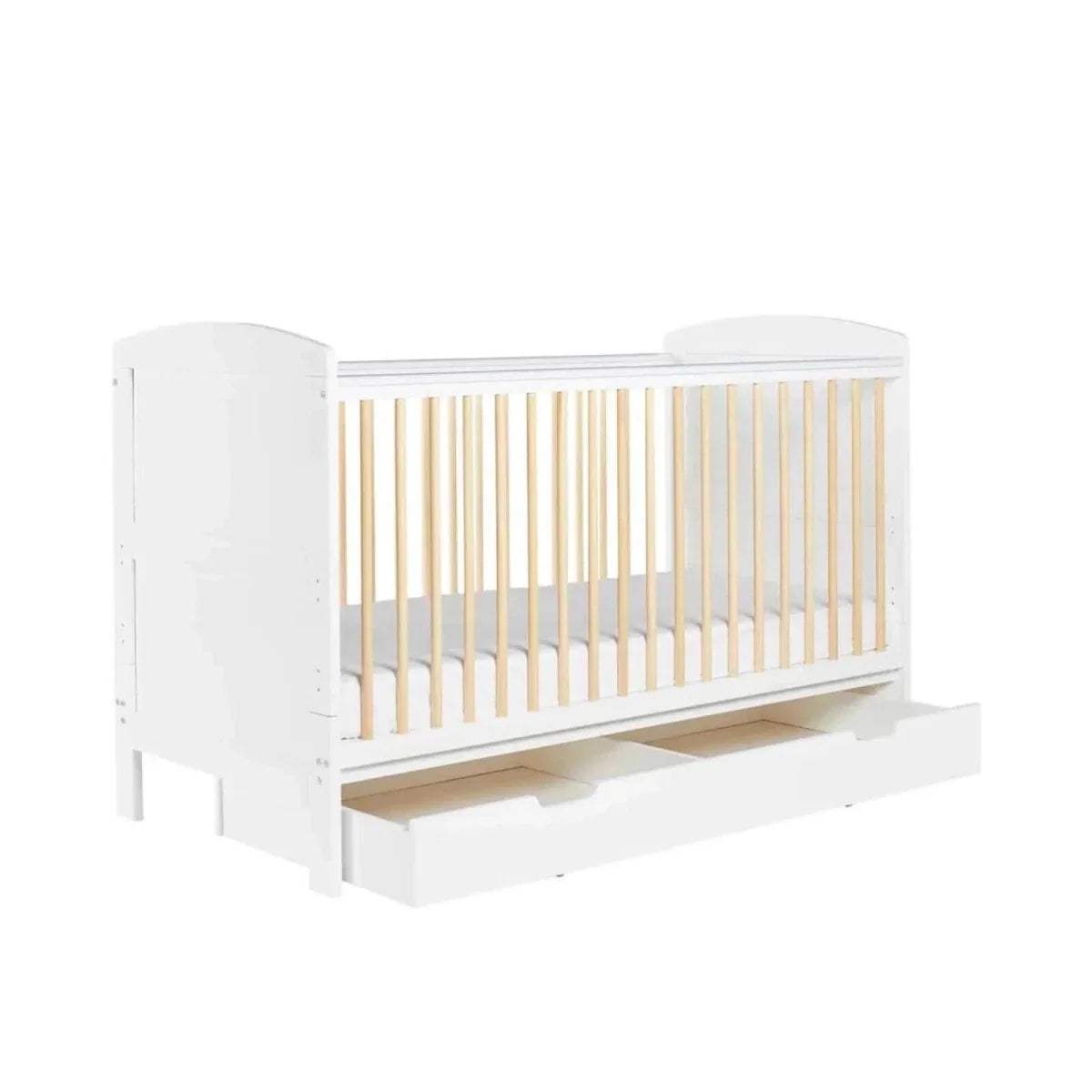 White cot bed with slatted sides and under-drawer storage shelf