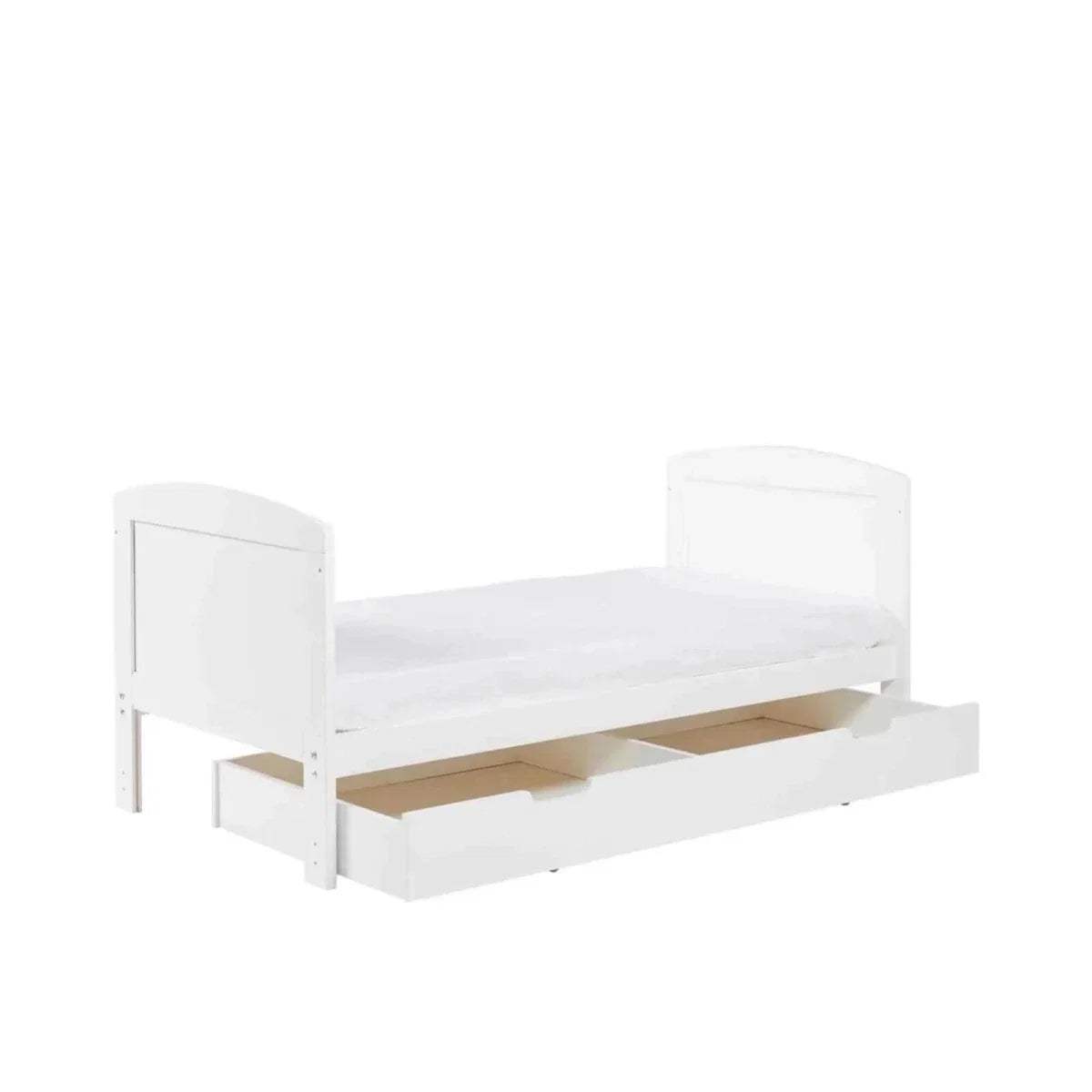 White cot bed with open under-drawer storage and slatted front