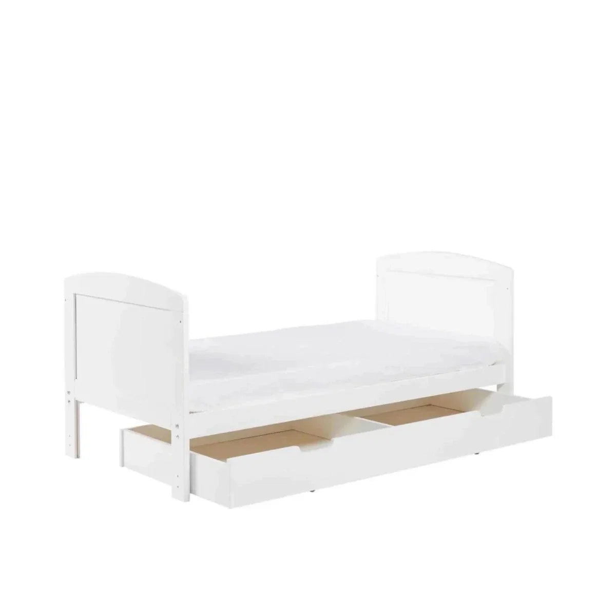 White cot bed with under-drawer storage and side railings