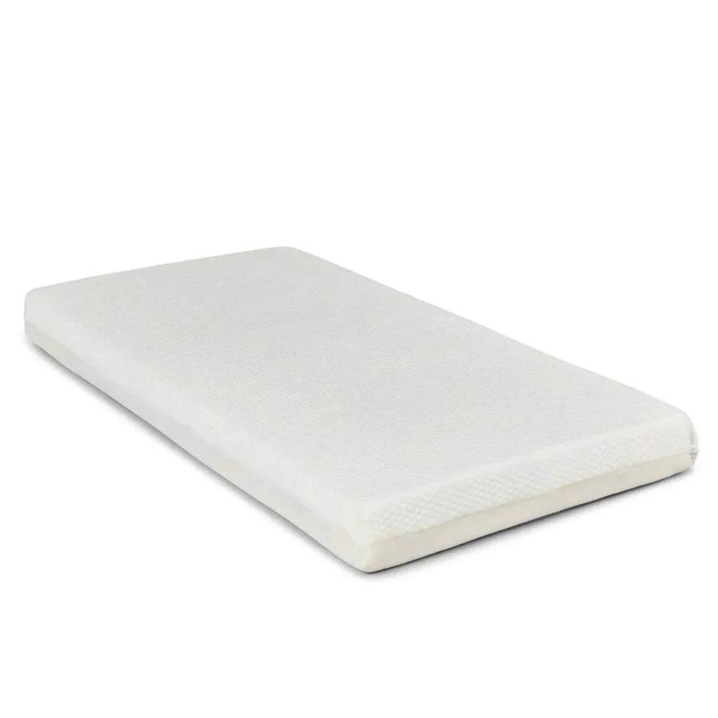 White mattress with quilted surface, lying flat for a cot bed