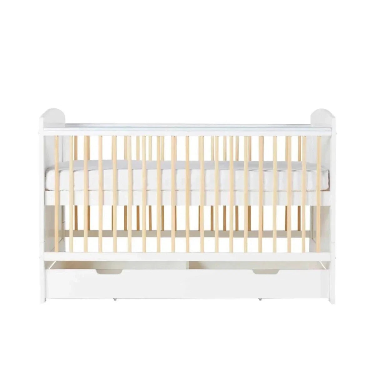 White cot bed front view with natural wood slats and under-drawer storage
