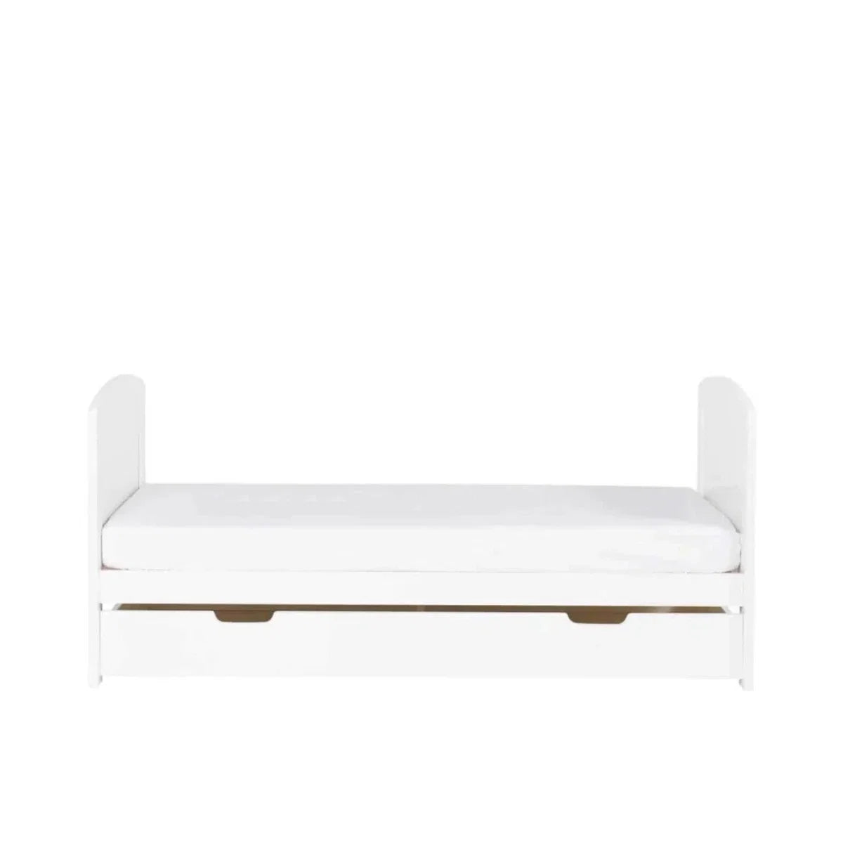 White cot bed frame with cushioned rail tops and under-drawer base, side view