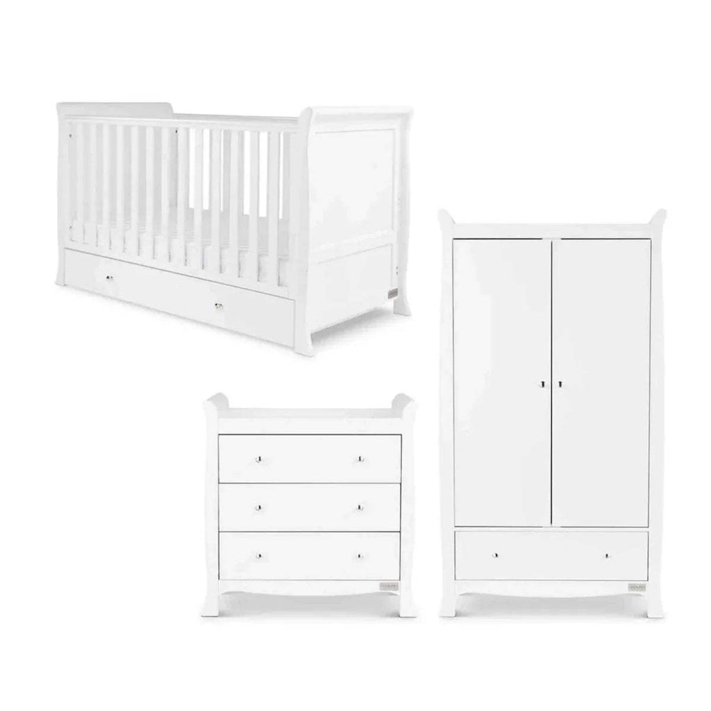 White baby bed, wardrobe and dresser furniture set with matching drawers