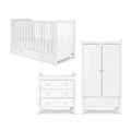 White baby bed, wardrobe and dresser furniture set with matching drawers