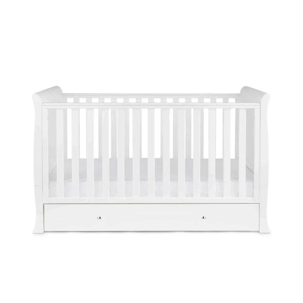 White cot bed front view with vertical slats and drawer storage