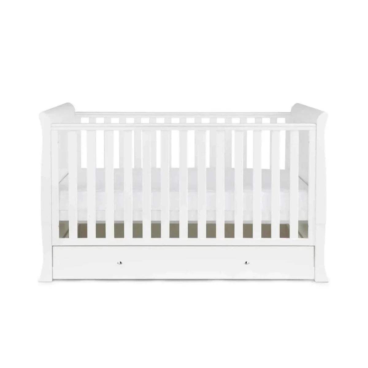 White cot bed with mattress base and front drawer panel