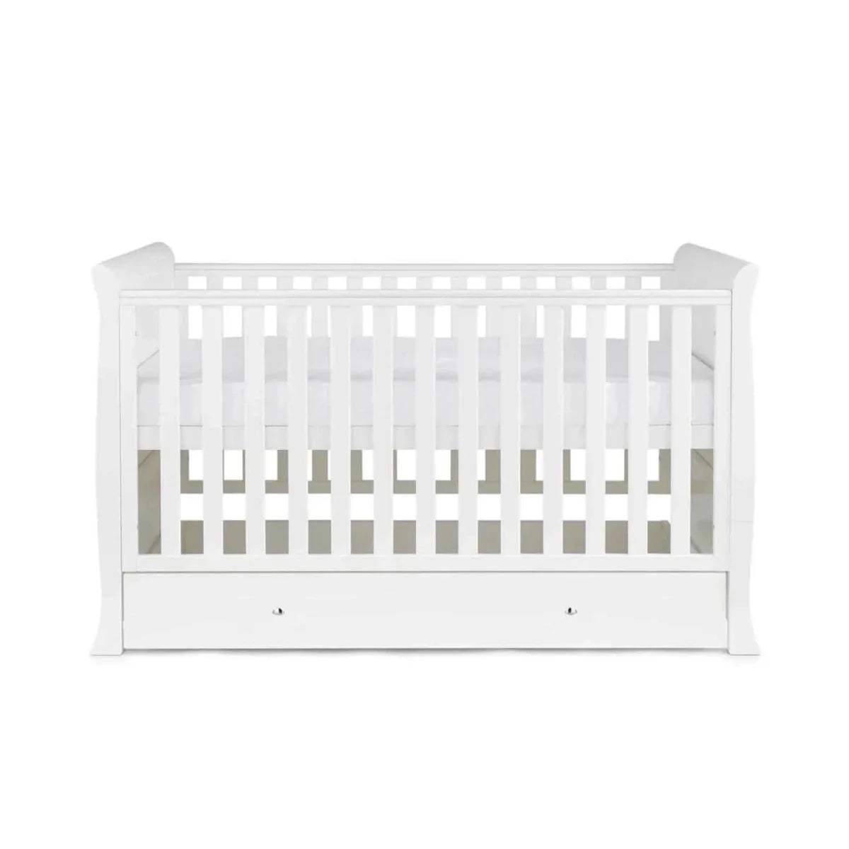 White cot bed front with slatted rails and drawer storage panel