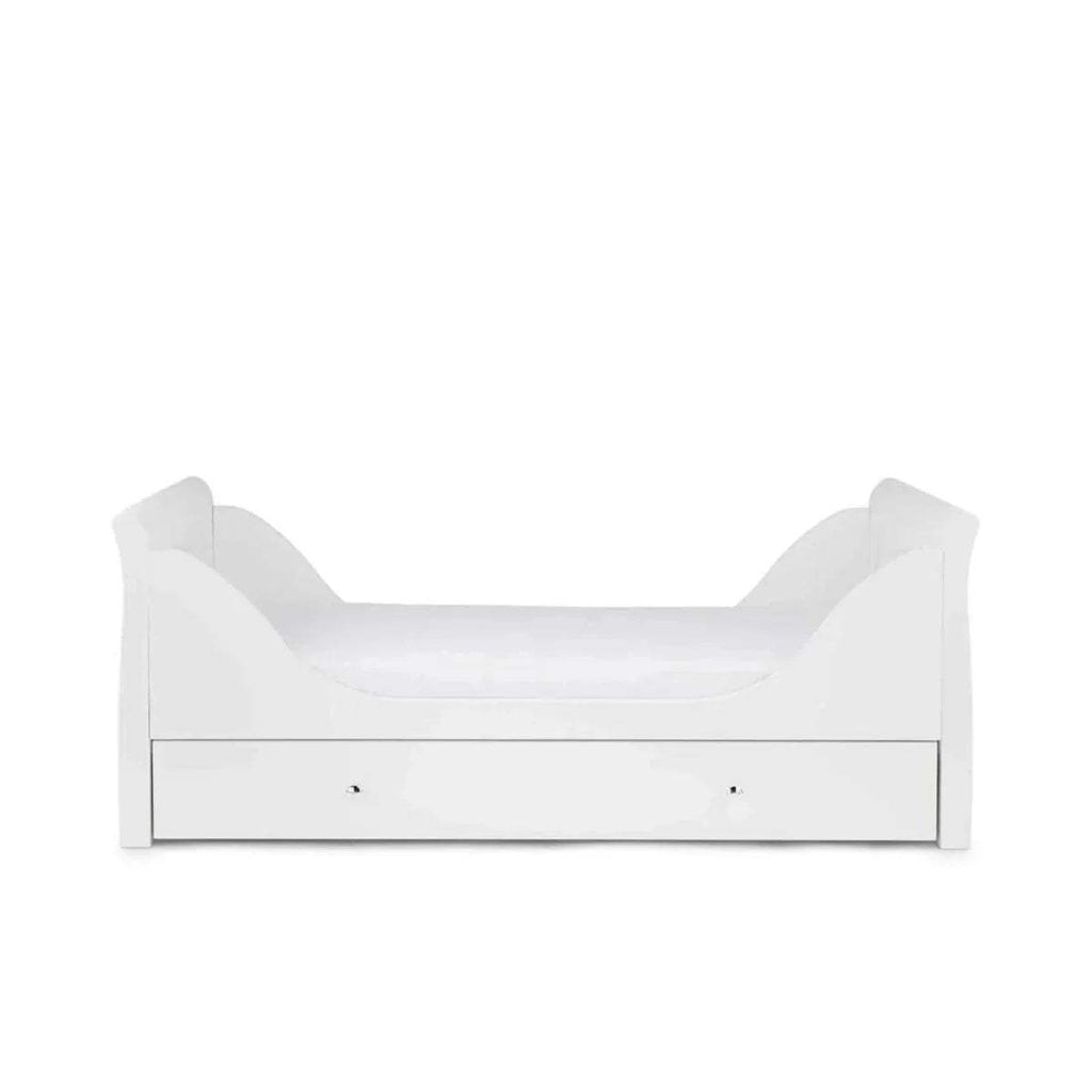 White cot bed side view with curved head and foot panels