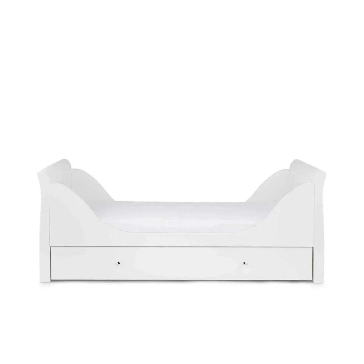 White cot bed side view with curved head and foot panels