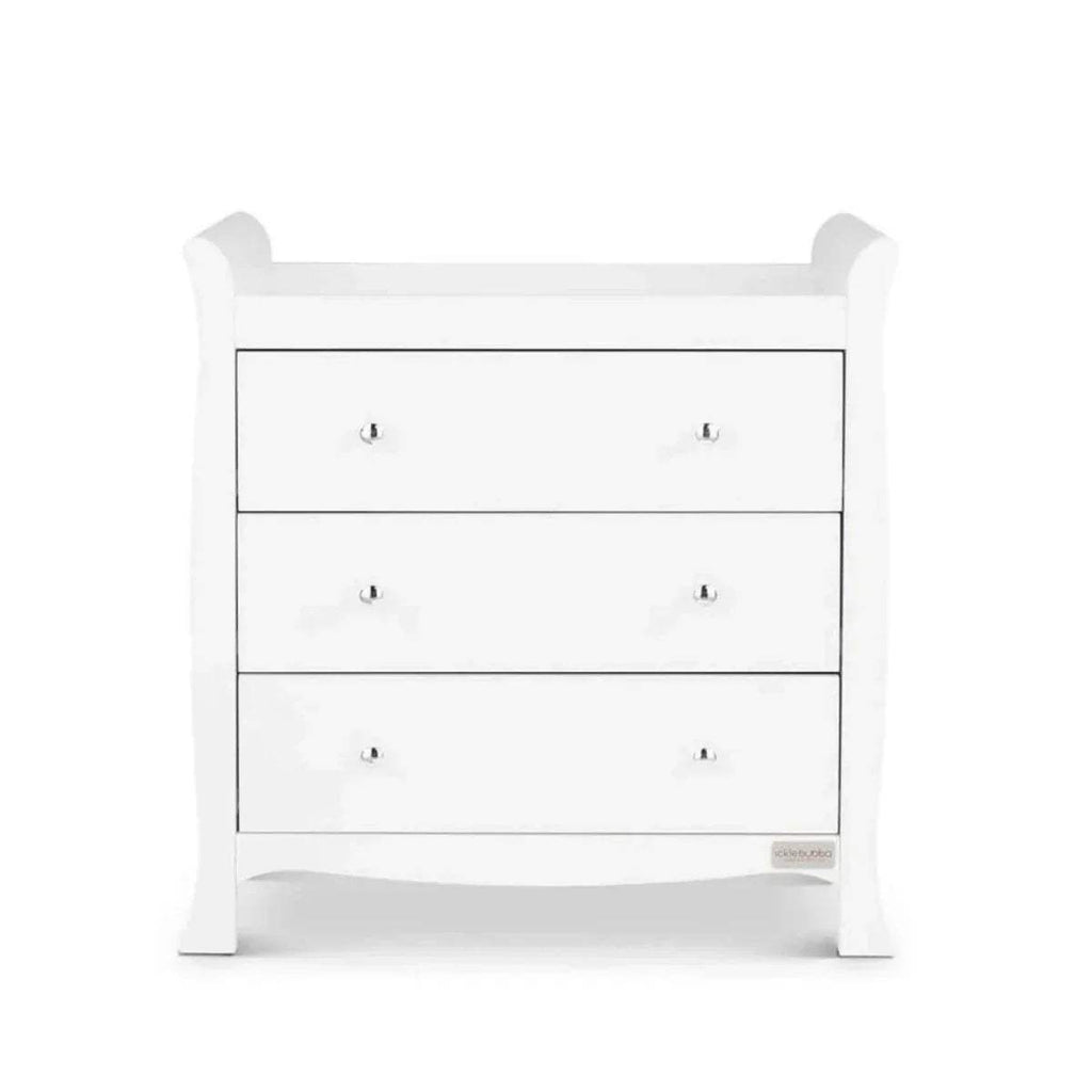 White baby dresser with three drawers and round knobs