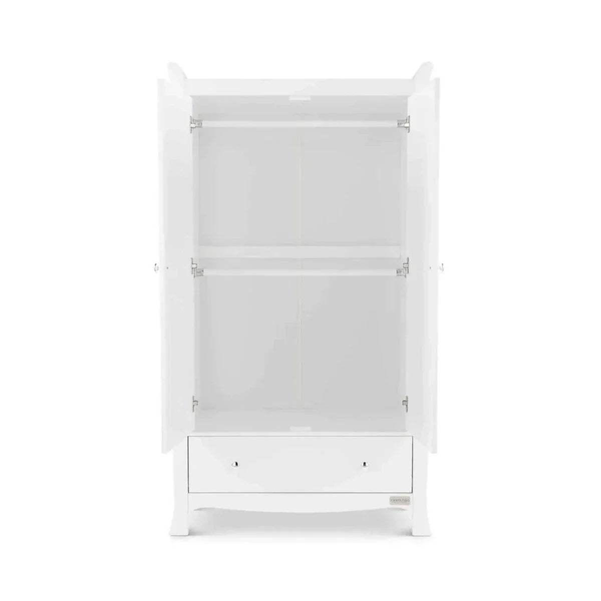 White storage cabinet with open shelves and bottom drawer