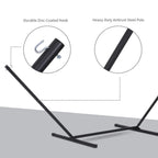 Black hammock stand frame with zinc-coated hook and heavy-duty steel support pole