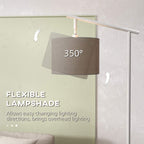 Floor lamp with rotating grey fabric lampshade on white metal frame