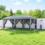 Grey pop-up gazebo tent with mesh side walls and dark curtains, person adjusting front