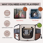 Portable pet playpen with mesh activity panels, shown with safety and portability icons.
