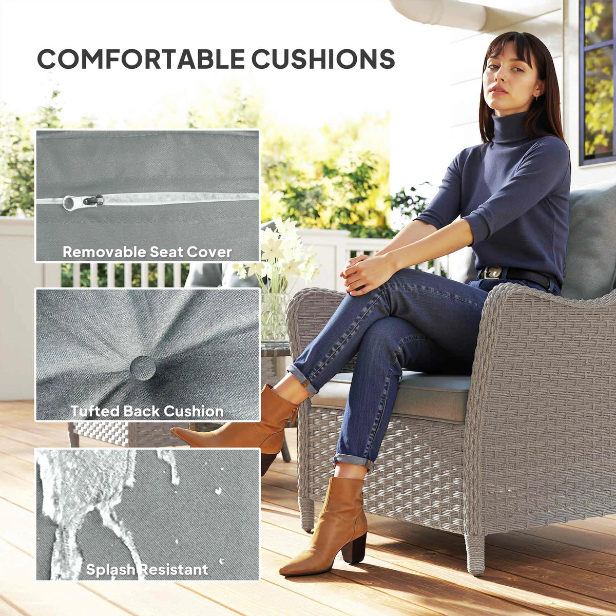 Outsunny Rattan Garden Chairs Set of 2, Outdoor Rattan Chairs with Cushions, Armrests and High Back, PE Wicker Garden