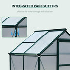 Dark green polycarbonate greenhouse with integrated roof rain gutters