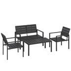 Black outdoor loveseat, armchairs, and slatted coffee table with metal frames.