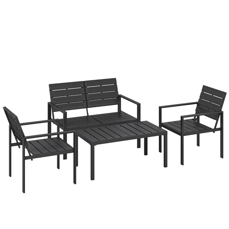 Black outdoor loveseat, armchairs, and slatted coffee table with metal frames.