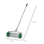 Green rolling lawn aerator with spike roller, metal frame, and adjustable handle