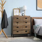 Brown four-drawer storage dresser with black square handles and metal legs
